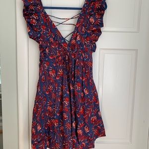 Mango x Chufy print mini dress with lace-up back, size 8, BNWT